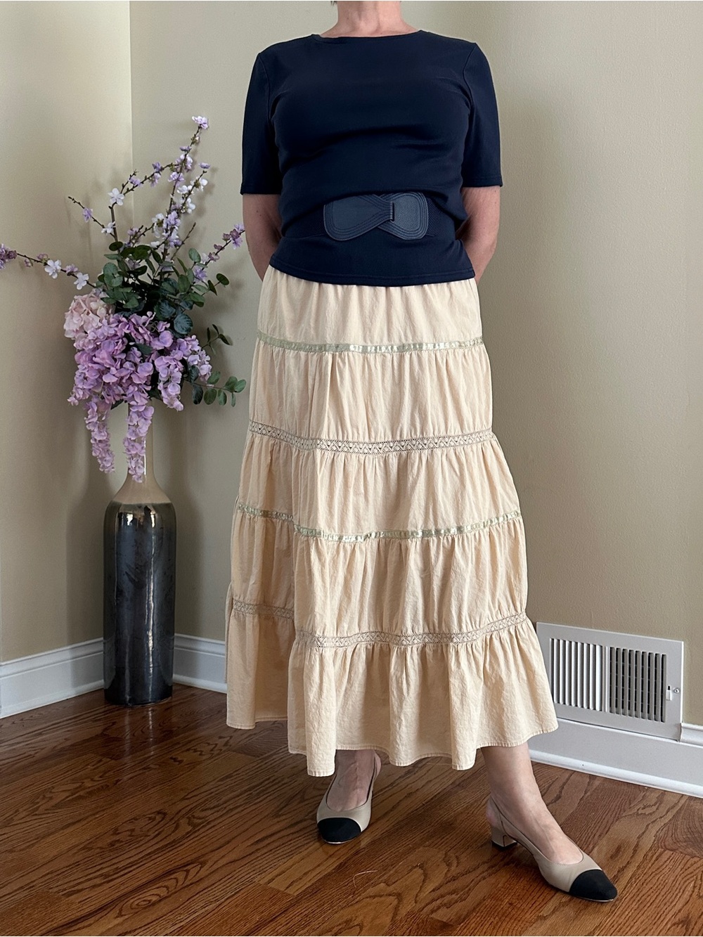 St.John's Bay Tan Cotton Tiered Boho Lined Midi Women's Skirt, Sz L